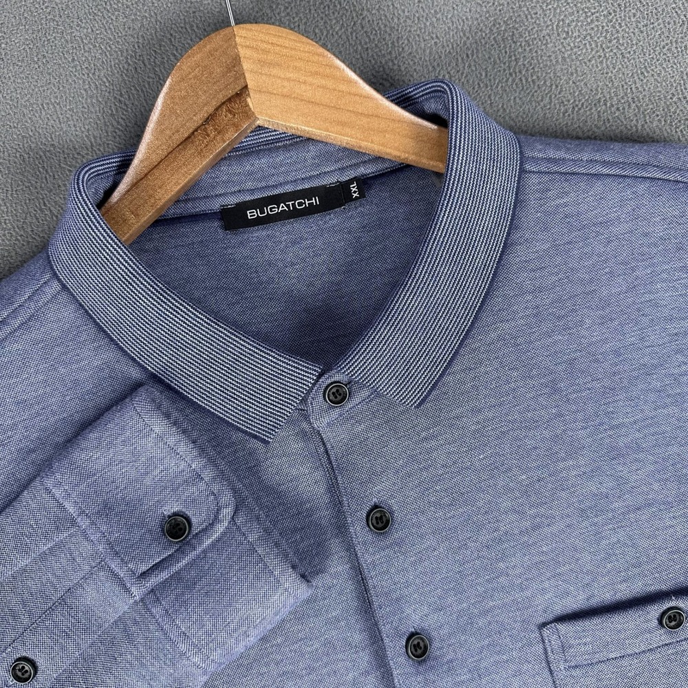 Bugatchi Polo Shirt Mens 2XL Blue Cotton Wool Popover Quiet Luxury Office